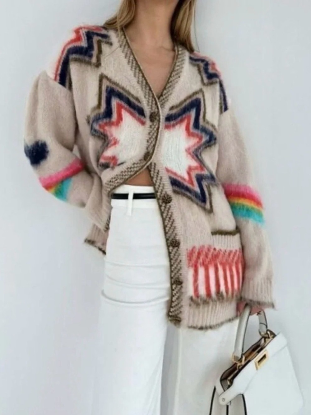 Commense Beige Star Pattern Open Cardigan with Rainbow Accents